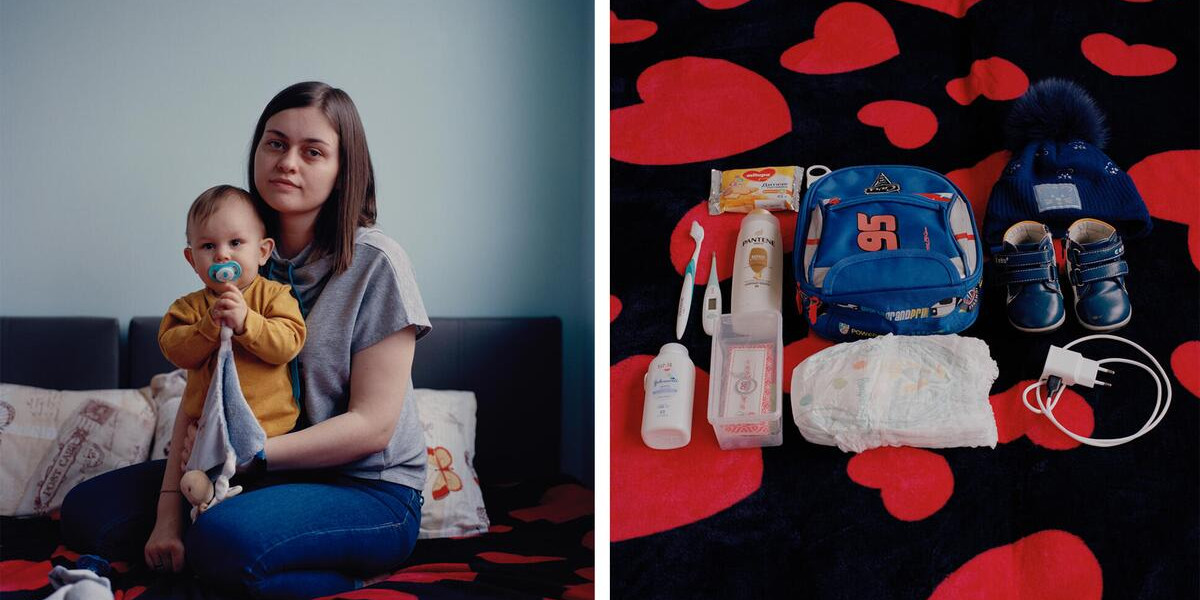 CH1681908 Milena and Bohdan alongside a photo of their belongings which they packed when they fled Ukraine