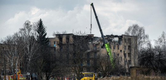 CH1796199 A damaged residential building is seen after an attack in the town of Rzhyshiv near Kyiv Ukraine