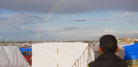 CH1973722 A boy looks at a rainbow over tents in Al Mawasi 1
