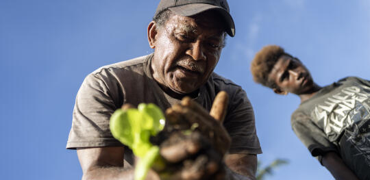 CH1818877 Project Officer Labu planting a seedling during a sustainable gardening training in Malaita Province, the Solomon Islands.