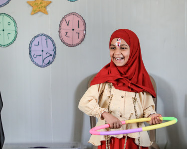 CH11064340 Sandi, 9, during an activity at Save the Children's Temporary Learning Space in a displacement camp in Northeast Syria